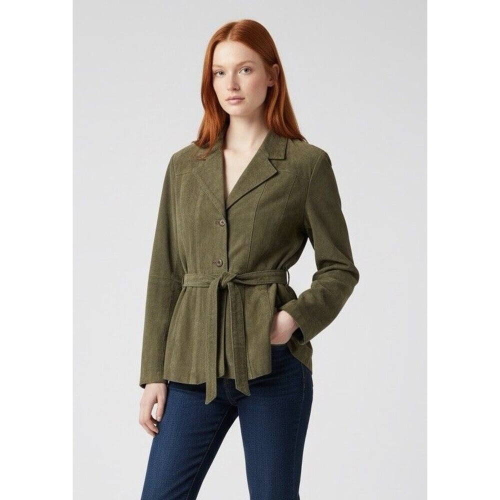 Wilsons Leather Maxima Womens Belted Jacket XL Olive Green Suede Y2K